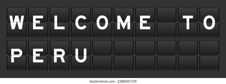 Black color analog flip board with word welcome to peru on gray background