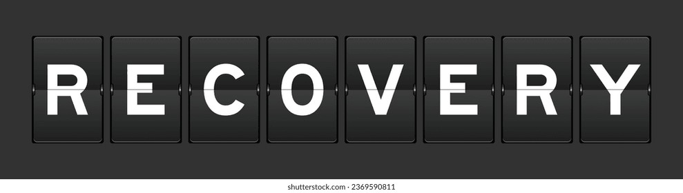 Black color analog flip board with word recovery on gray background