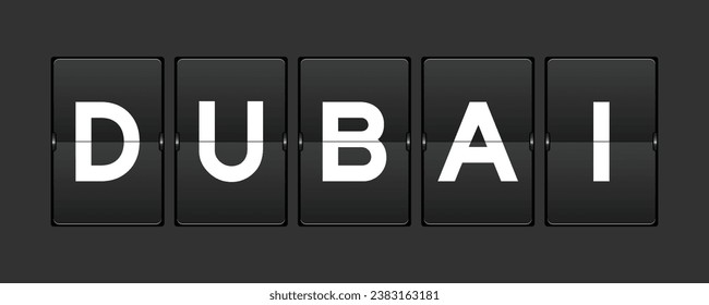 Black color analog flip board with word dubai on gray background