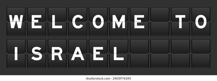 Black color analog flip board with word welcome to israel on gray background