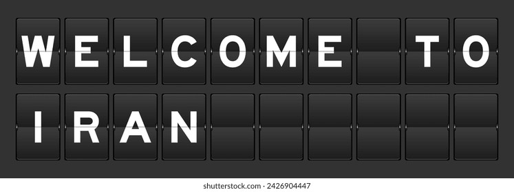 Black color analog flip board with word welcome to iran on gray background