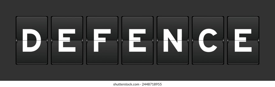 Black color analog flip board with word defence on gray background