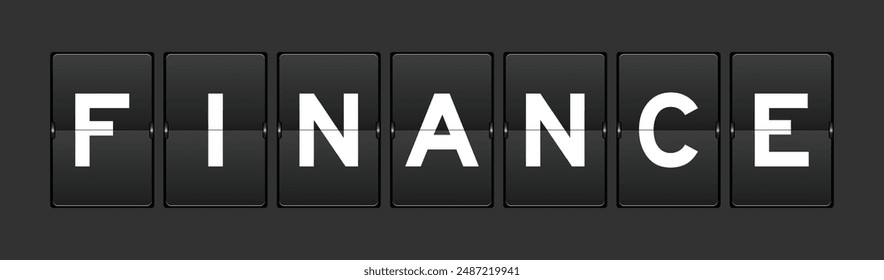 Black color analog flip board with word finance on gray background
