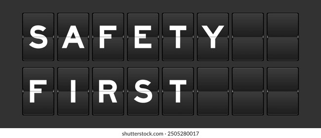 Black color analog flip board with word safety first on gray background