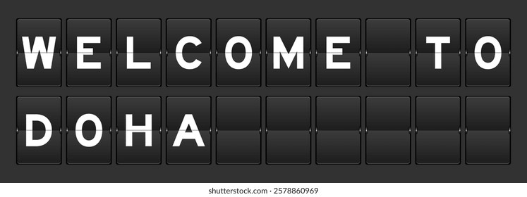 Black color analog flip board with word welcome to doha on gray background