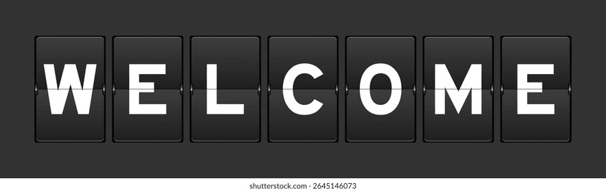 Black color analog flip board with word welcome on gray background