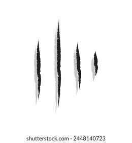 Black color of animal claw marks, scratches, talons cuts cat, tiger, dog, lion, monster isolated on white artboard.. Vector realistic illustration.