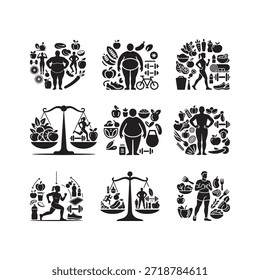 Schwarze Farbe ausgewogene Ernährung und Bewegung Adipositas Awareness Silhouette Vektorgrafik, massiver weißer Hintergrund.