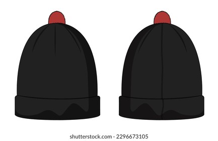 Black color Beanie technical drawing fashion flat sketch vector illustration template front and back views isolated on white background