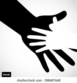 Black color big hand and white small hand vector concept. Help symbol hands vector support emblem. Vector hands icon illustration. Education, health care, medical, design element.