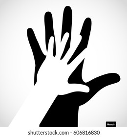 Black color big hand and white small hand vector concept. Help symbol hands vector support emblem. Vector hands icon illustration. Education, health care, medical, design element.