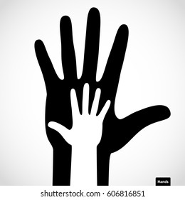 Black color big hand and white small hand vector concept. Help symbol hands vector support emblem. Vector hands icon illustration. Education, health care, medical, design element.