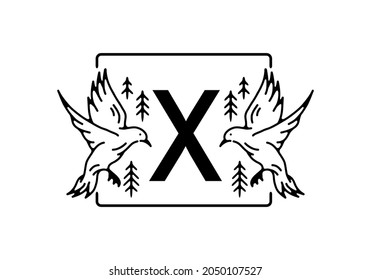 Black color of bird line art with X initial letter design