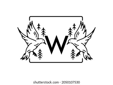 Black color of bird line art with W initial letter design