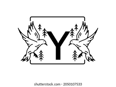 Black color of bird line art with Y initial letter design