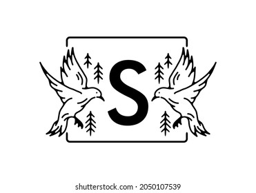 Black color of bird line art with S initial letter design