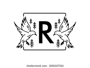 Black color of bird line art with R initial letter design