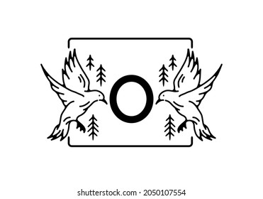 Black color of bird line art with O initial letter design