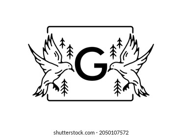 Black color of bird line art with G initial letter design