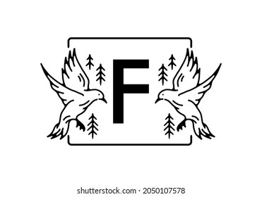 Black color of bird line art with F initial letter design