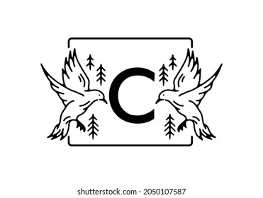 Black color of bird line art with C initial letter design