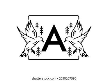 Black color of bird line art with A initial letter design