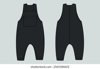 Black color Bodysuit dungaree template for kids front and back

