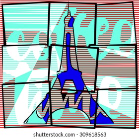 black color broken frame with geometric lines and vibrant color background together and paris eiffel tower silhouette with coffee time text together vector print pattern.