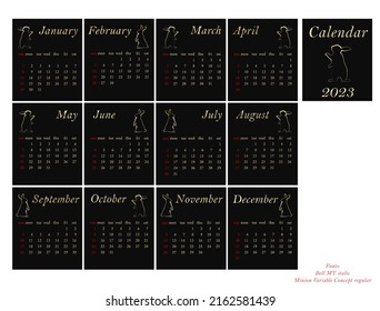 Black color calendar template. Calendar with rabbit for 2023. Year of the rabbit. Simple composition. Gold gradient.