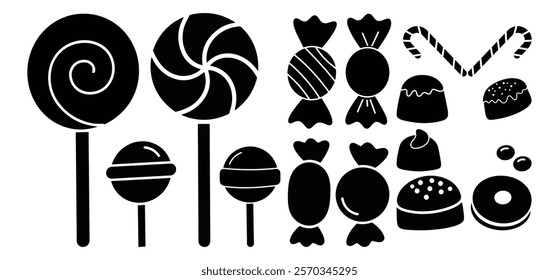 A black color Candy and lollipop icon, Silhouette set on white background