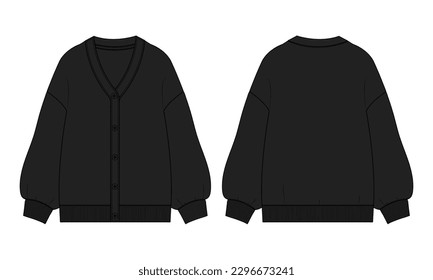 Black color cardigan Technical drawing fashion flat sketch vector illustration template front and back views isolated on white background