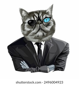 black color cat wearing a suit crossing his arms like a gangster vector illustration