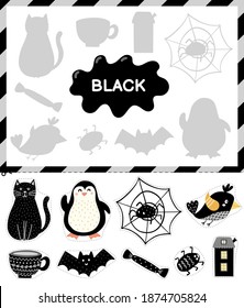 Black color. Cut the elements and match them with the right shadows. Learning color black educational game for kids. Cut and paste activity for toddlers. Vector illustration