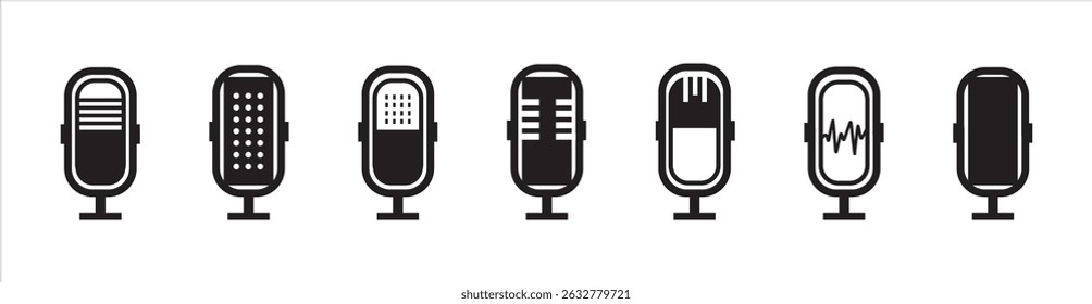Colección de micrófono diferente de color negro. Icono de Vector de micrófono. Colección Studio Symbol. Ilustración vectorial eps 10