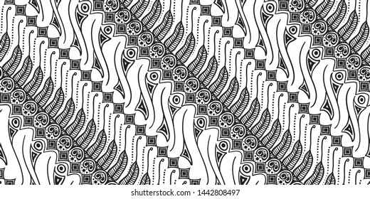 black color domination of Indonesia batik repeated or seamless pattern hand drawing wave lining