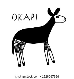 Black color doodle drawing of okapi isolated on white background. Cute little wild striped animal. Fun print design for shirt, card. Stock vector illustration drawn by hand.