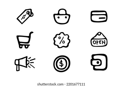 Black color doodle hand drawing icon in ecommerce set on white background