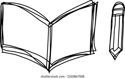Black color doodle line handdrawing in book and pencil shape on white background