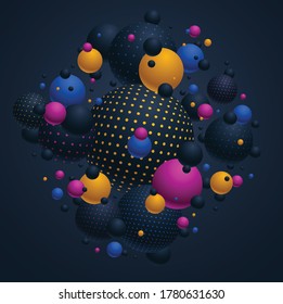 Esferas con puntos de color y negro ilustración vectorial, fondo abstracto con bolas hermosas con puntos, diseño de globos 3D arte de concepto.