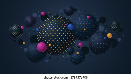Black and color dotted spheres vector illustration, abstract background with beautiful balls with dots, 3D globes design concept art.