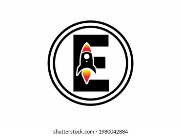 Black color of E initial letter with rocket design