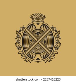 The black color emblem is in the form of a coat of arms for a restaurant with a glass of wine, a chef's cap, a crown, a knife with a fork, and a shaker. Illustration in retro style.