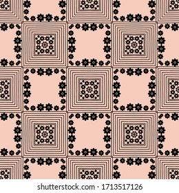 Black color floral motif seamless pattern for tile, wallpaper, textile, bags and bedsheet. Geometric ethnic texture on light pink background. 