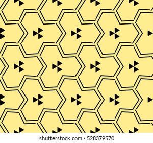 Black color geometry seamless pattern. Abstract line, shape. Vector illustration. Yellow background. For design, interior, wallpaper