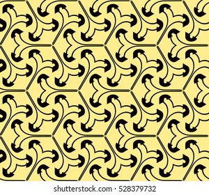Black color geometry seamless pattern. Abstract line, shape. Vector illustration. Yellow background. For design, interior, wallpaper