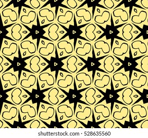 Black color geometry seamless pattern. Abstract line, shape. Vector illustration. Yellow background. For design, interior, wallpaper