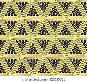 Black color geometry seamless pattern. Abstract line, shape. Vector illustration. Yellow background. For design, interior, wallpaper