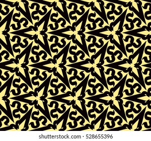 Black color geometry seamless pattern. Abstract line, shape. Vector illustration. Yellow background. For design, interior, wallpaper