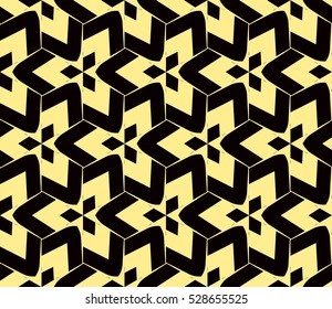 Black color geometry seamless pattern. Abstract line, shape. Vector illustration. Yellow background. For design, interior, wallpaper