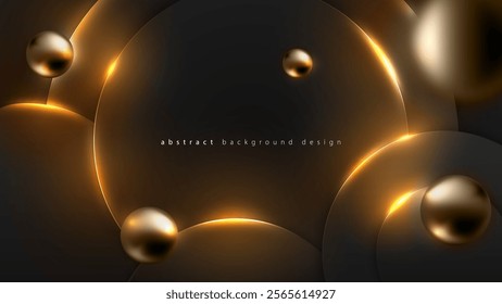 Black color glow round abstract minimal neon background, golden spheres balls, vector glowing light effect. Black circle layers illuminated yellow light effect. Futuristic frame. Luxury label design